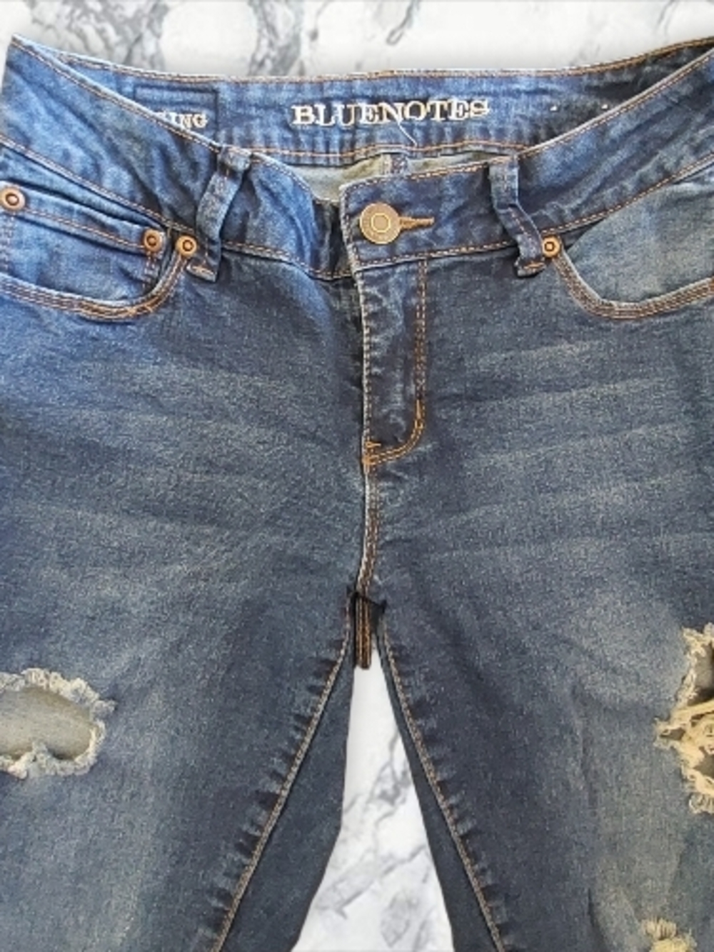 Bluenotes Low Rise, Curvy Medium Blue Distressed Jeggings